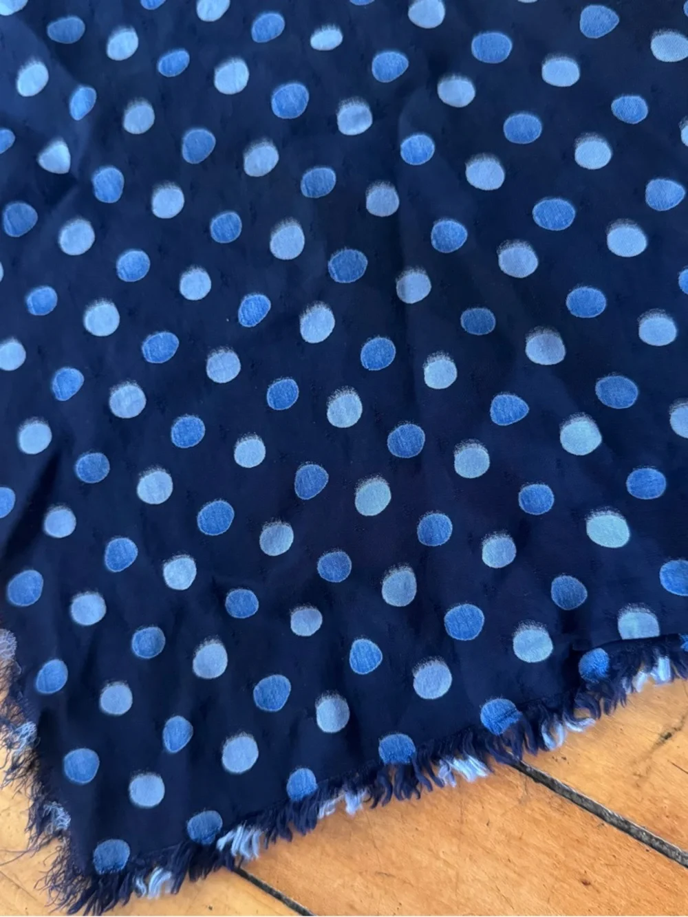 Vintage silk fringe triangle Polka Dot Navy Blue Lightweight Scarf bandana vtg - Picture 2 of 6